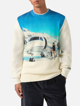 Grey Heron wool and cashmere blend crewneck with private jet intarsia and embroidery | Special edition