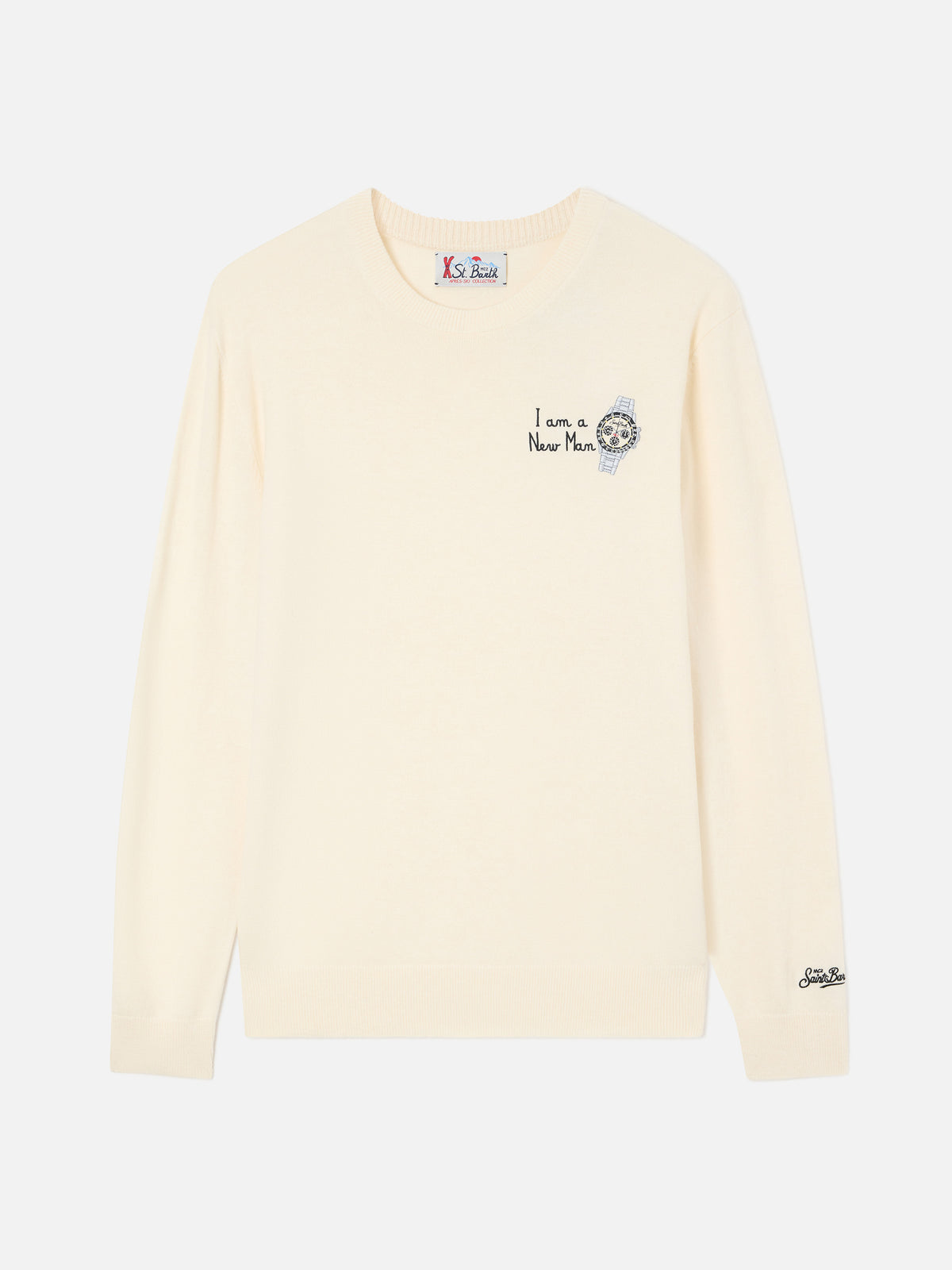 Grey Heron Light wool and cashmere blend crewneck with I Am A New Man embroidery