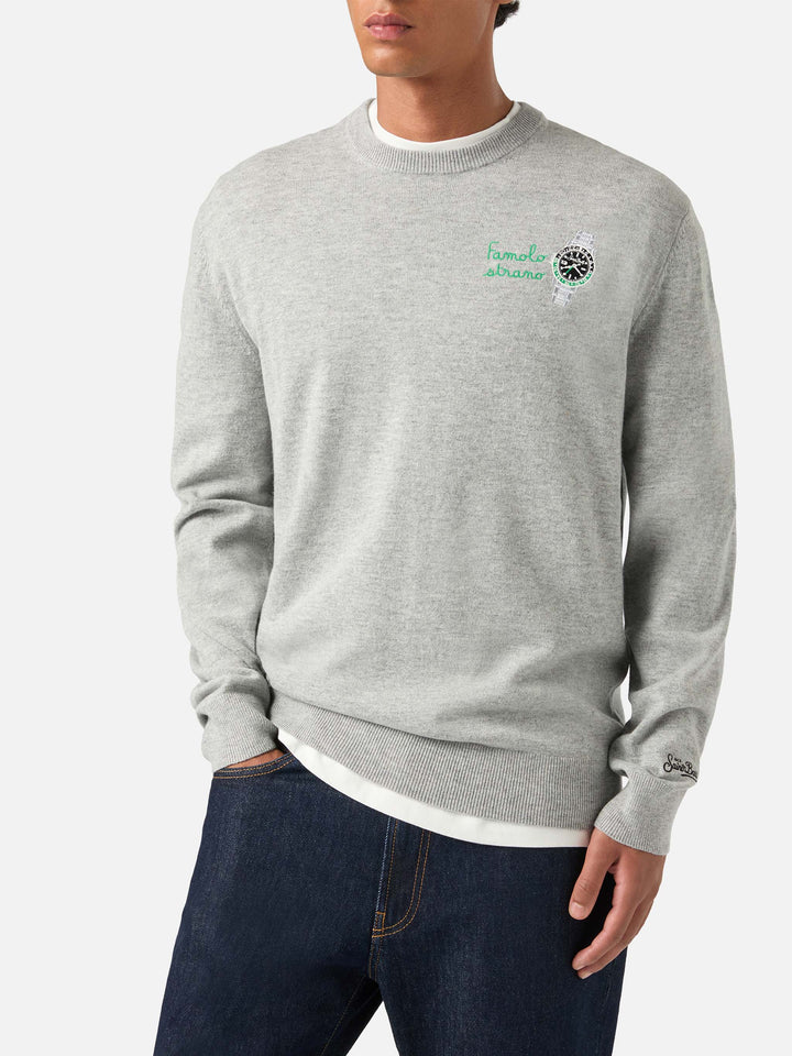 Maglia girocollo Heron Light grigia in misto lana e cashmere con ricamo Famola Strana
