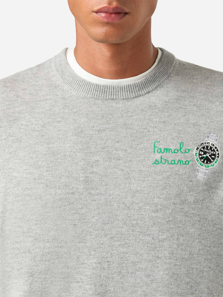 Maglia girocollo Heron Light grigia in misto lana e cashmere con ricamo Famola Strana