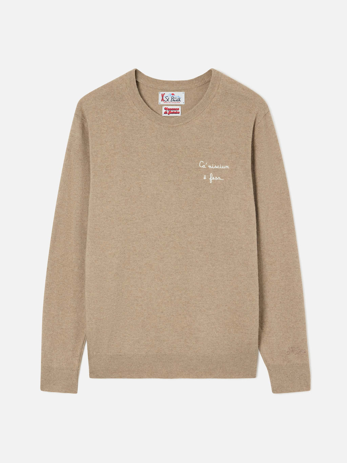 Pull col rond Beige Heron en mélange laine légère et cachemire avec broderie Ca' Nisciun È Fess | Special edition 