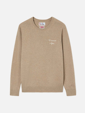 Pull col rond Beige Heron en mélange laine légère et cachemire avec broderie Ca' Nisciun È Fess | Special edition 