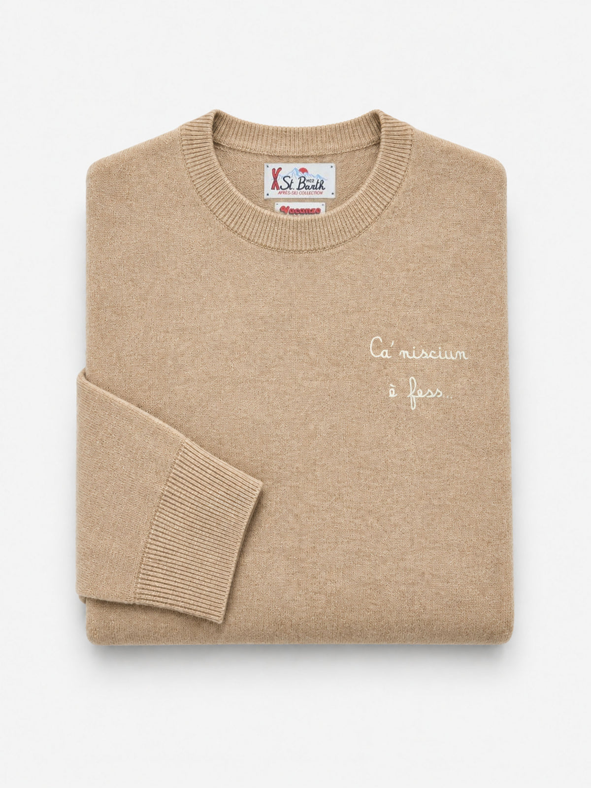 Beige Heron Light wool and cashmere blend crewneck with Ca' Nisciun È Fess embroidery | Special edition