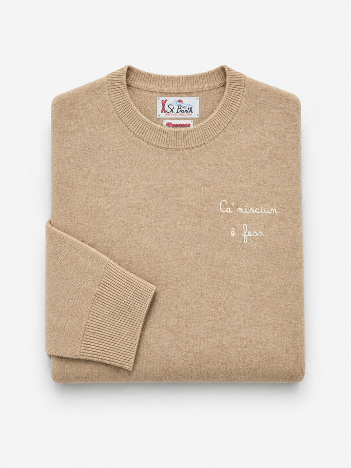 Pull col rond Beige Heron en mélange laine légère et cachemire avec broderie Ca' Nisciun È Fess | Special edition 