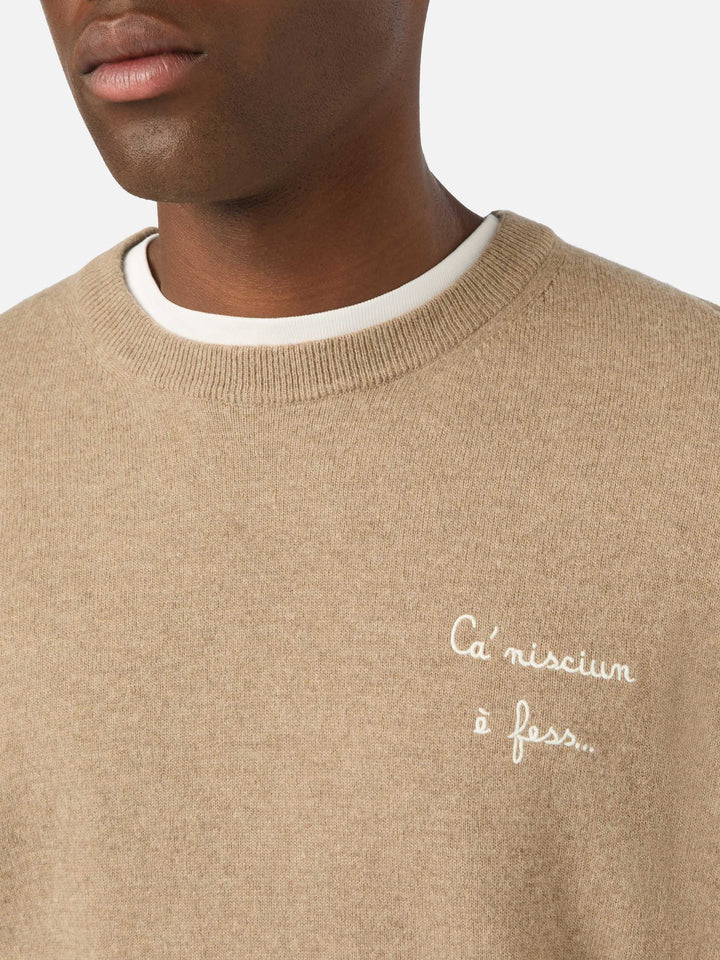 Pull col rond Beige Heron en mélange laine légère et cachemire avec broderie Ca' Nisciun È Fess | Special edition 
