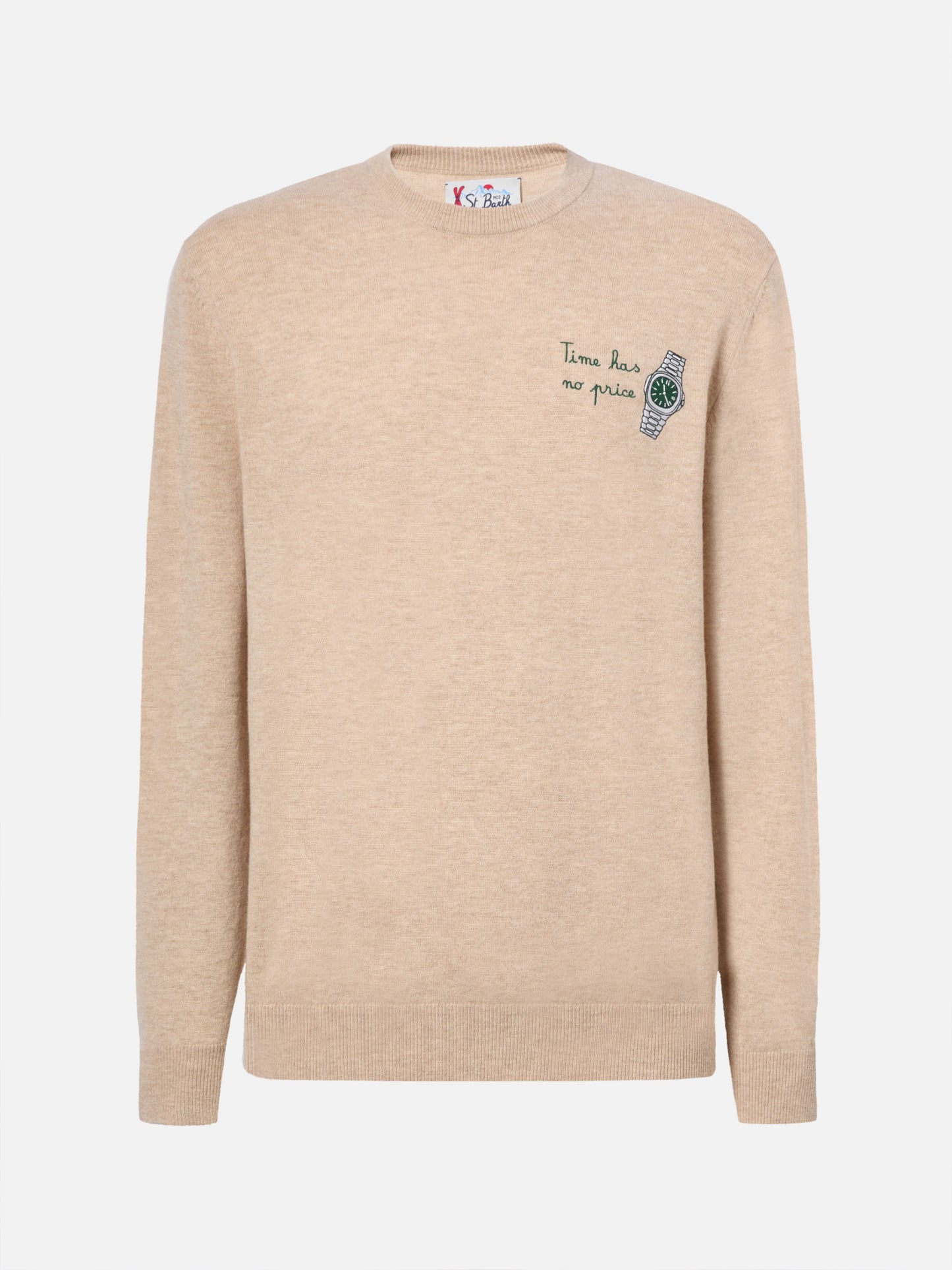 Maglione a girocollo Heron Light con ricamo orologio Time has no price