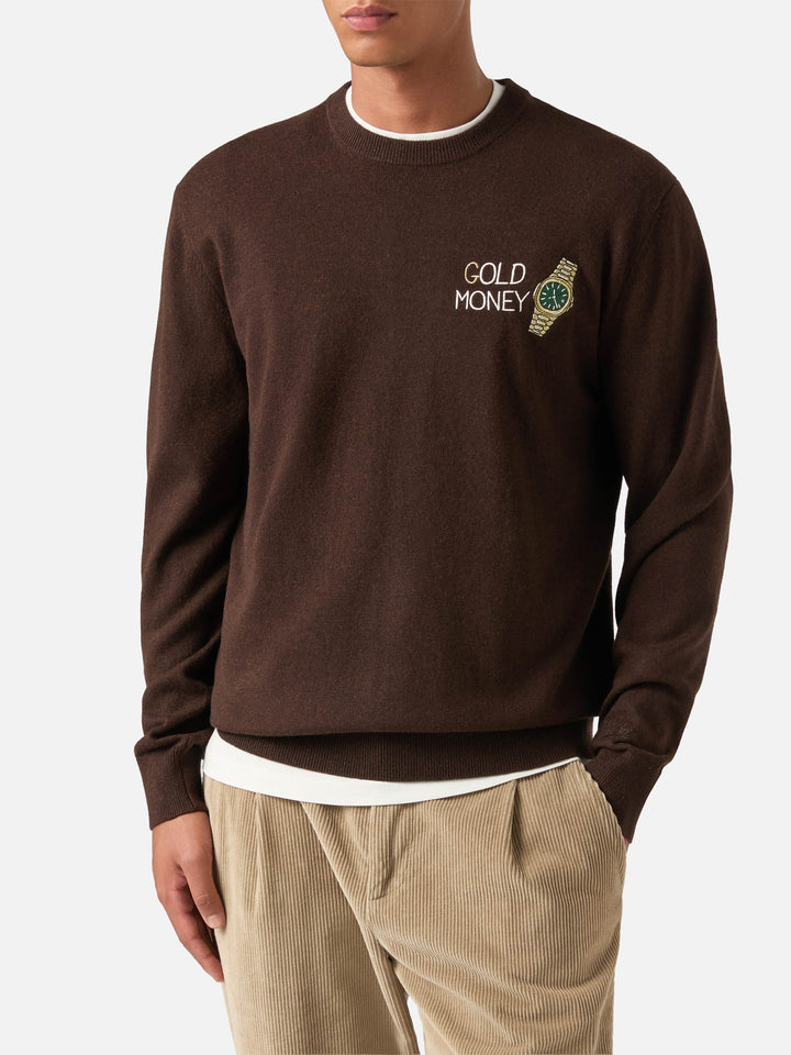 Maglia girocollo Heron Light marrone in misto lana e cashmere con ricamo Gold Money