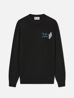 Jersey de cuello redondo Black Heron en mezcla ligera de lana y cachemira con bordado My Life Is Complicated 