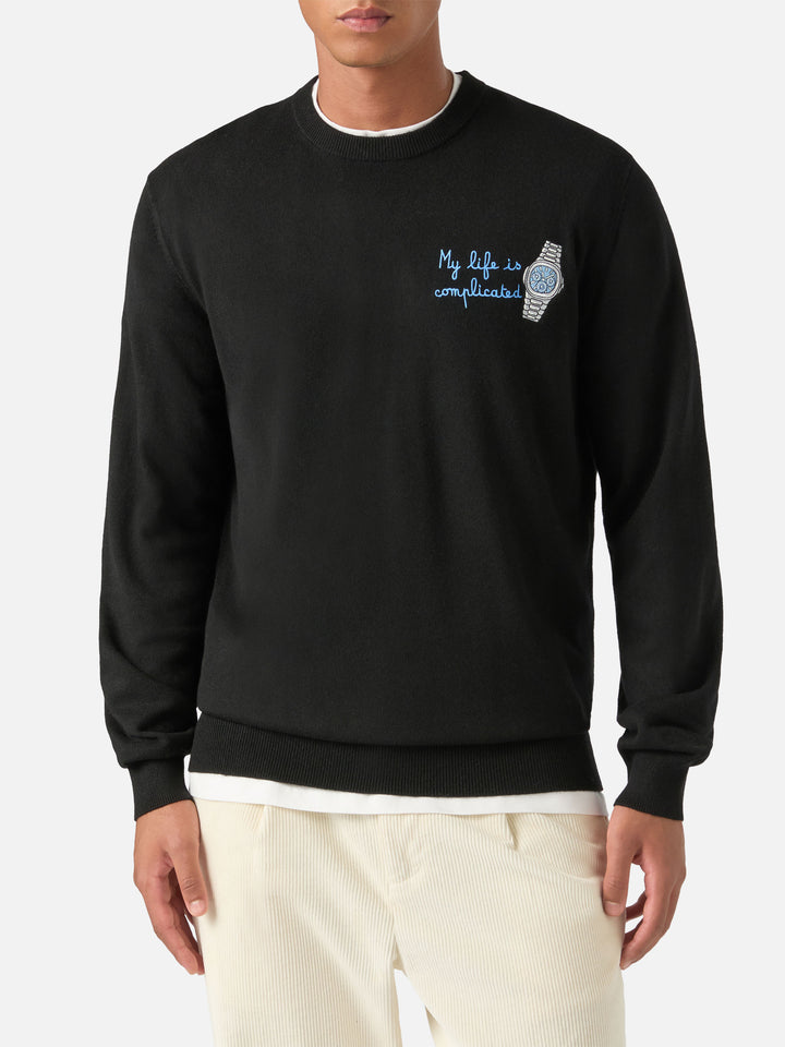Maglia girocollo Heron Light nera in misto lana e cashmere con ricamo My Life Is Complicated