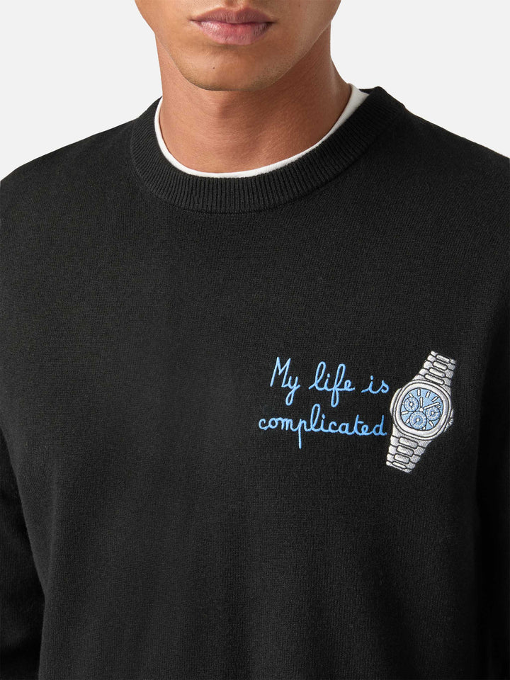 Maglia girocollo Heron Light nera in misto lana e cashmere con ricamo My Life Is Complicated