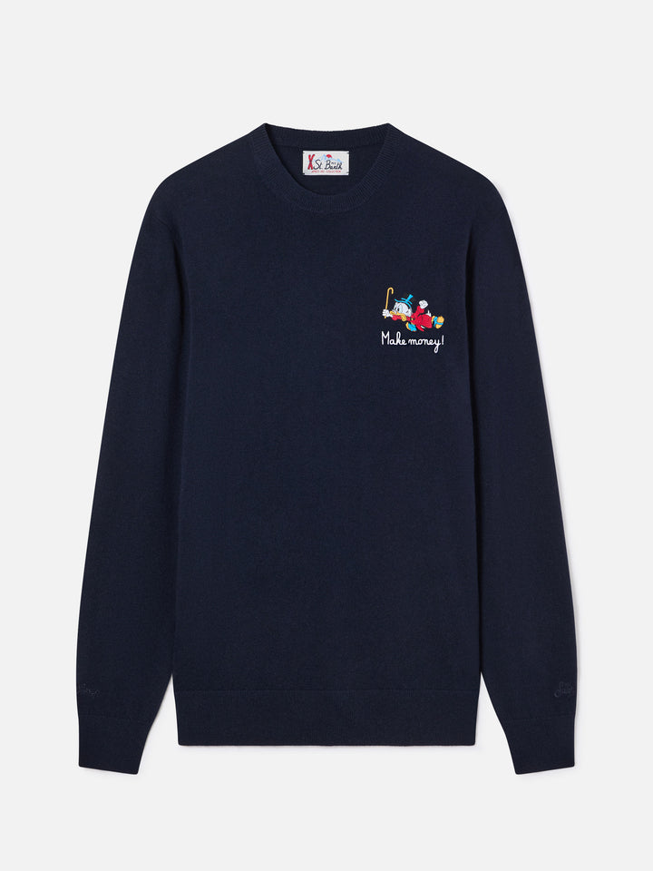 Heron bleu marine blue col rond en mélange léger de laine et cachemire avec broderie Scrooge McDuck | Special edition 