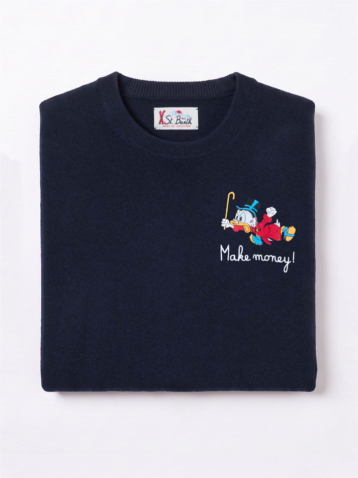 Azul marino blue Heron jersey de cuello redondo en mezcla ligera de lana y cachemira con bordado de Scrooge McDuck | Special edition 