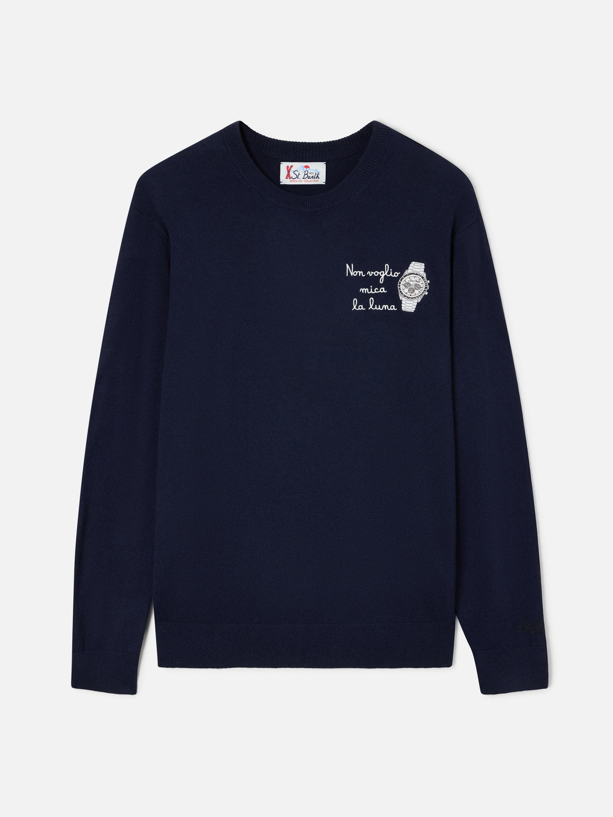 Pull ras-du-cou Heron Light en mélange de laine et cachemire Navy blue avec broderie Non Voglio Mica La Luna 