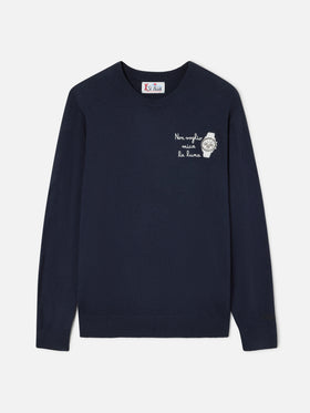 Pull ras-du-cou Heron Light en mélange de laine et cachemire Navy blue avec broderie Non Voglio Mica La Luna 