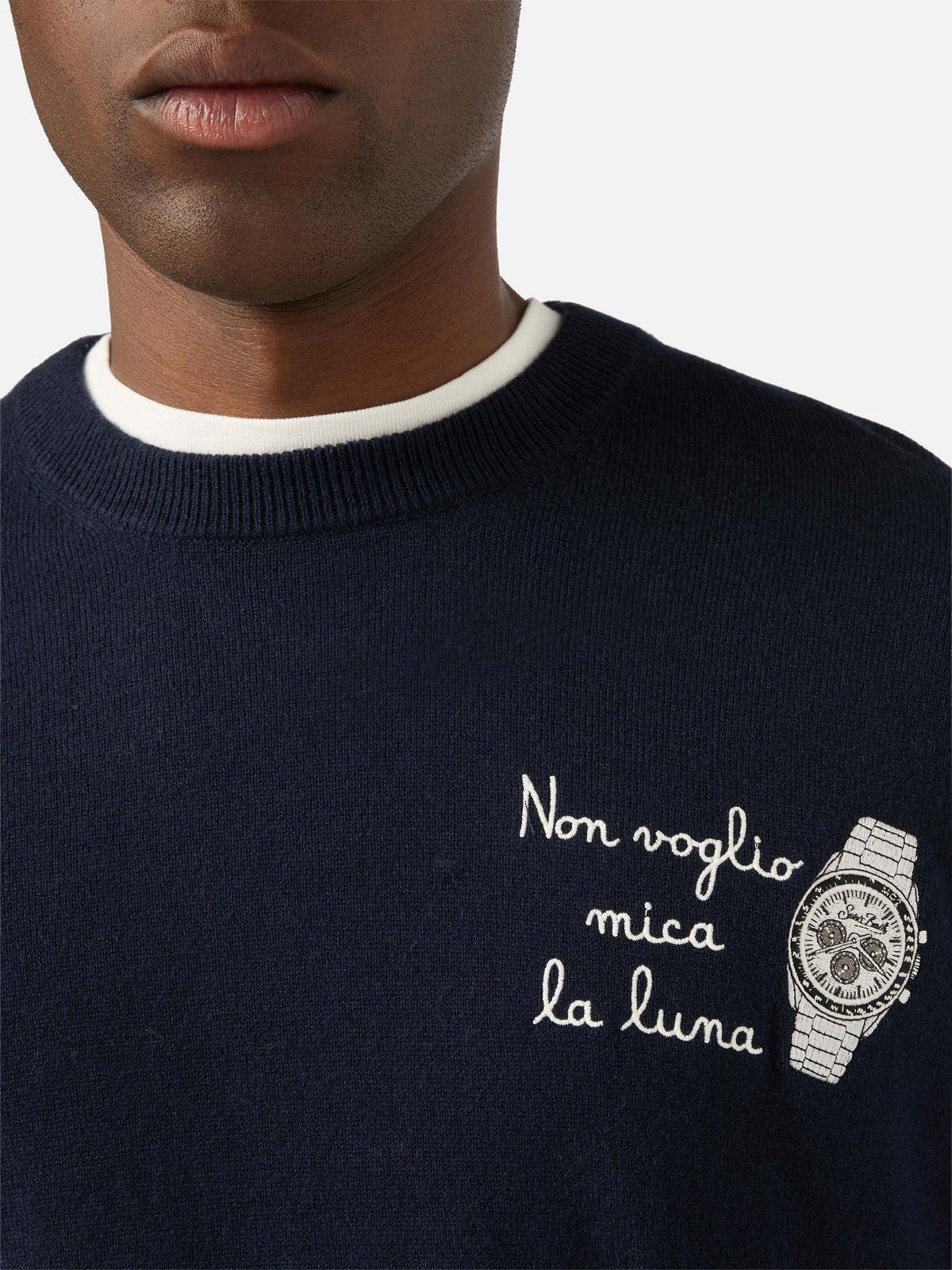 Pull ras-du-cou Heron Light en mélange de laine et cachemire Navy blue avec broderie Non Voglio Mica La Luna 