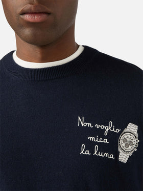 Pull ras-du-cou Heron Light en mélange de laine et cachemire Navy blue avec broderie Non Voglio Mica La Luna 