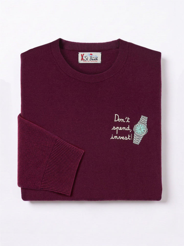 Girocollo in misto lana e cashmere Heron Light bordeaux con ricamo Don't Spend, Invest