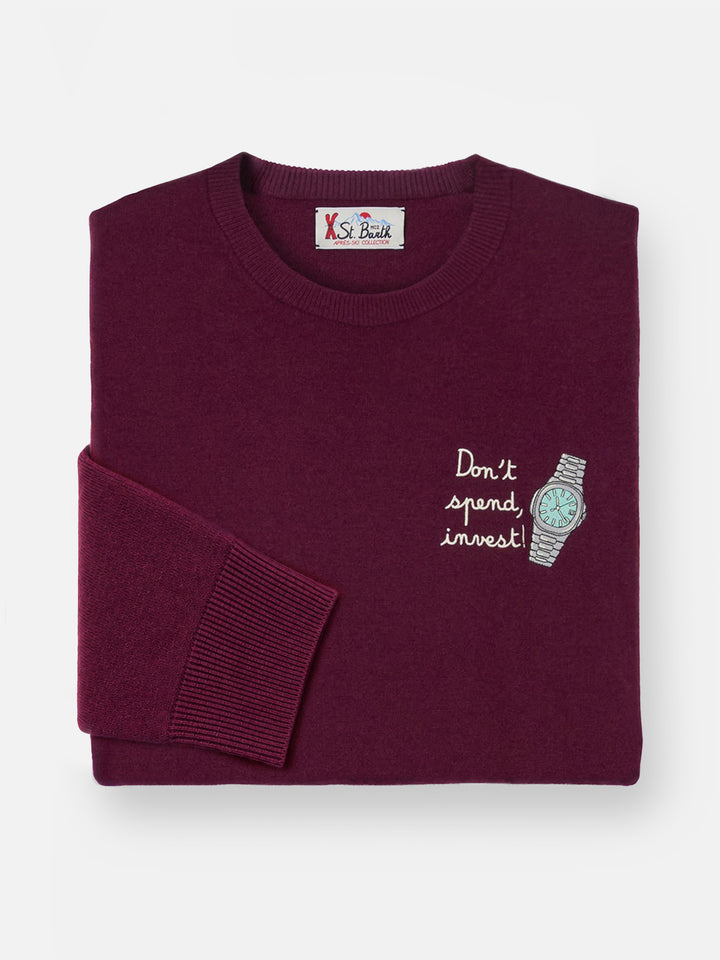 Pull col rond Burgundy Heron en laine légère mélangée et cachemire avec broderie Don't Spend, Invest 