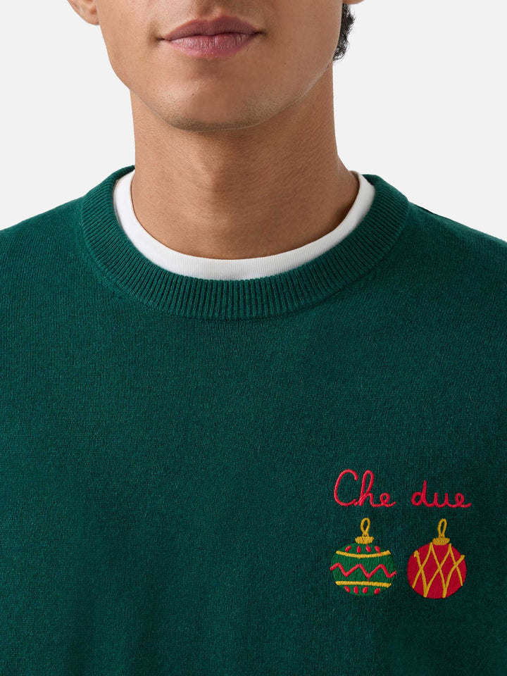 Green Heron Light wool and cashmere blend crewneck with Che Due embroidery