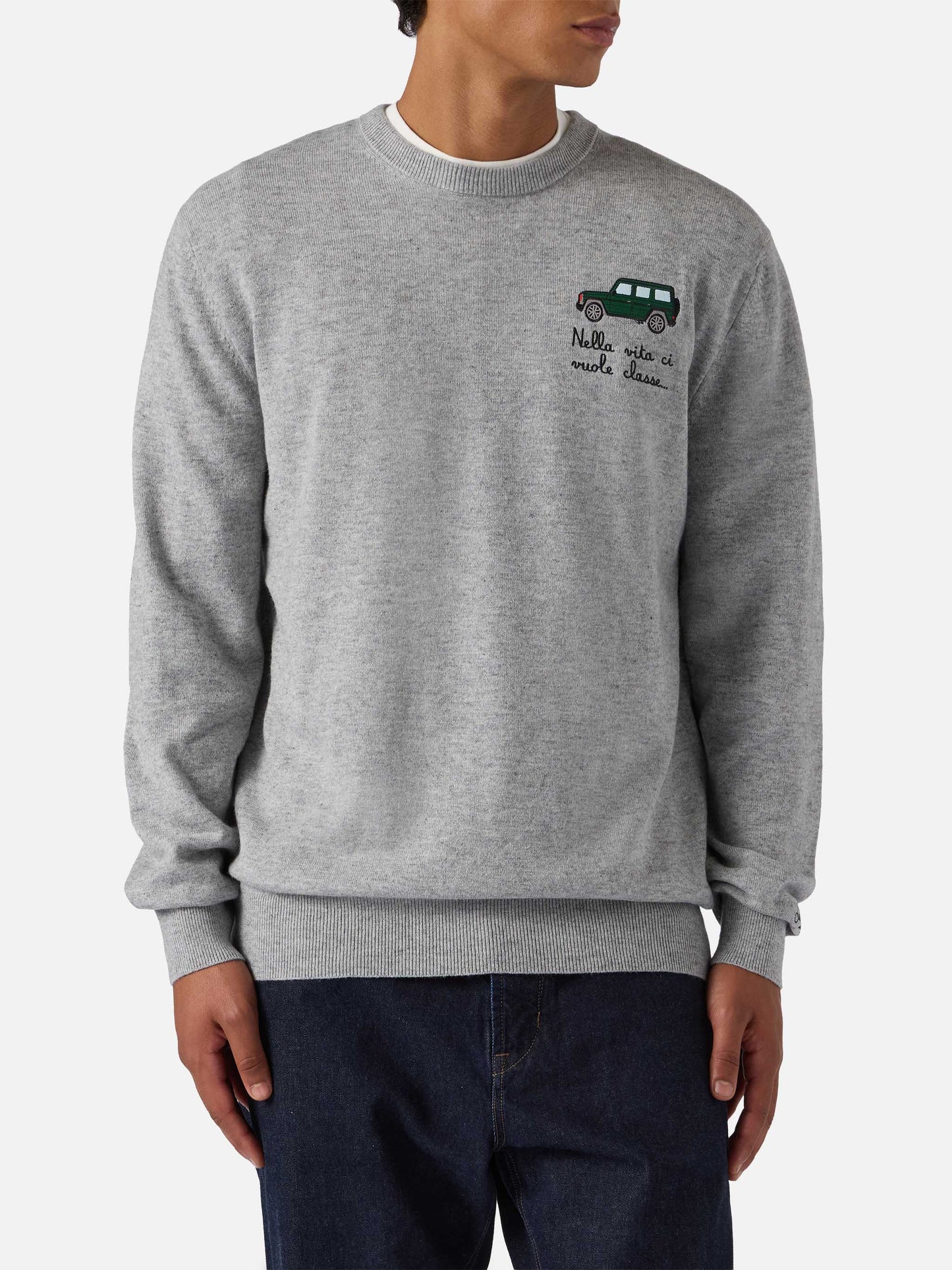 Maglione a girocollo Heron Light con ricamo Nella vita ci vuole classe