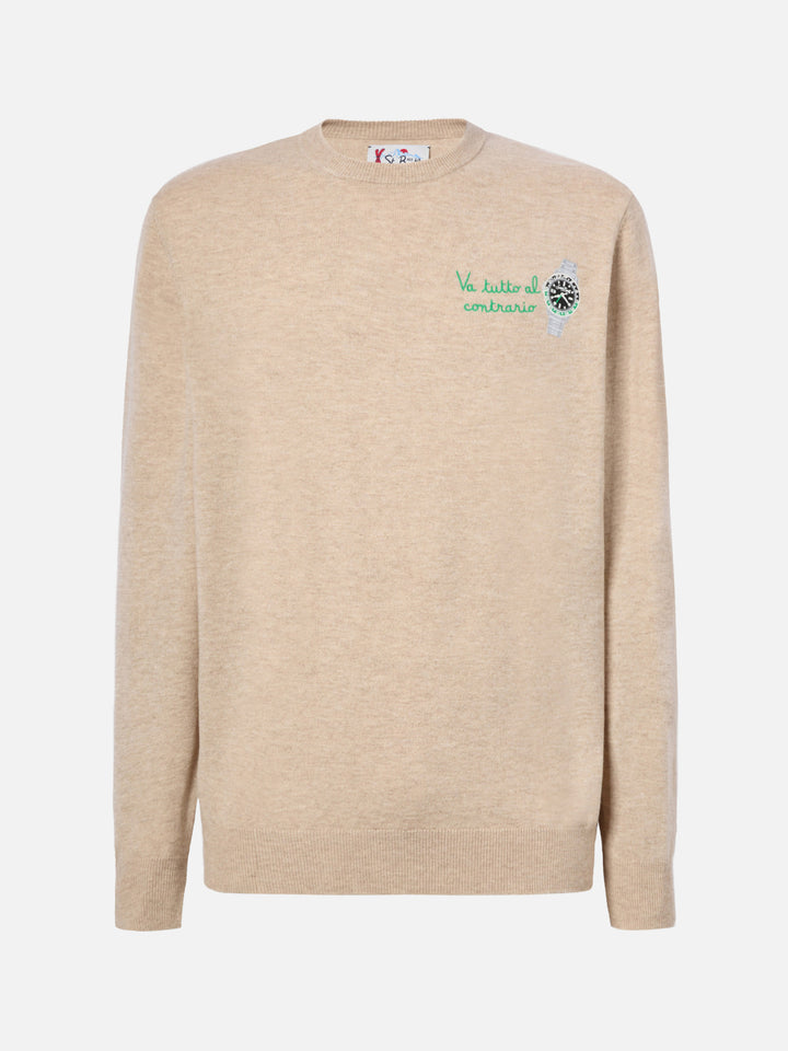 Crewneck sweater Heron Light with Va tutto al contrario embroidery