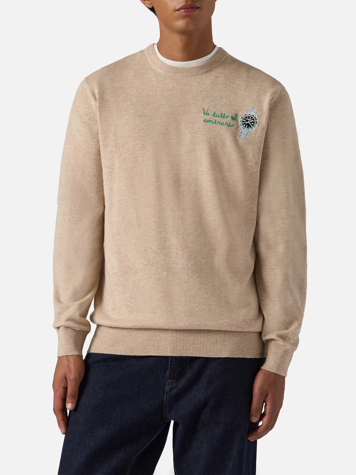 Crewneck sweater Heron Light with Va tutto al contrario embroidery