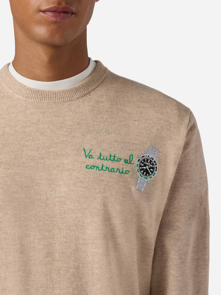 Crewneck sweater Heron Light with Va tutto al contrario embroidery