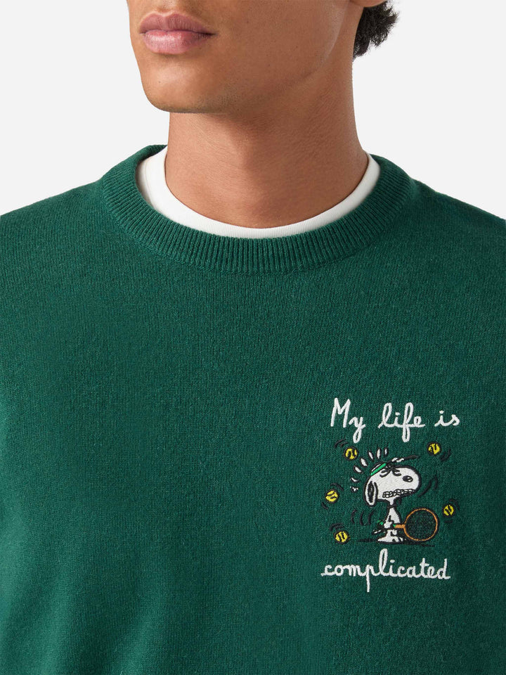Maglia girocollo Heron Light verde in misto lana e cashmere con ricamo Snoopy | Special edition