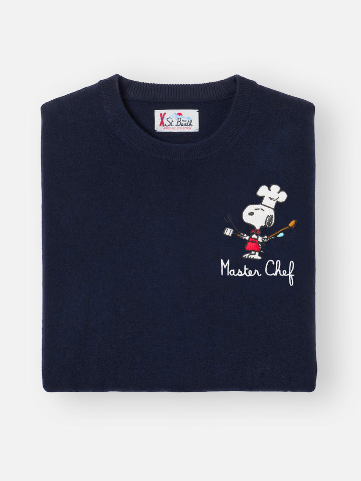 Jersey de cuello redondo en mezcla de lana ligera y cachemira Heron Navy blue con bordado Snoopy Master Chef | Special edition 