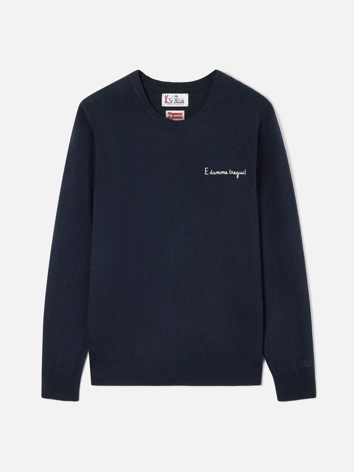 Héron Navy blue en mélange de laine légère et cachemire, col rond, avec broderie E Damme Tregua | Special edition 