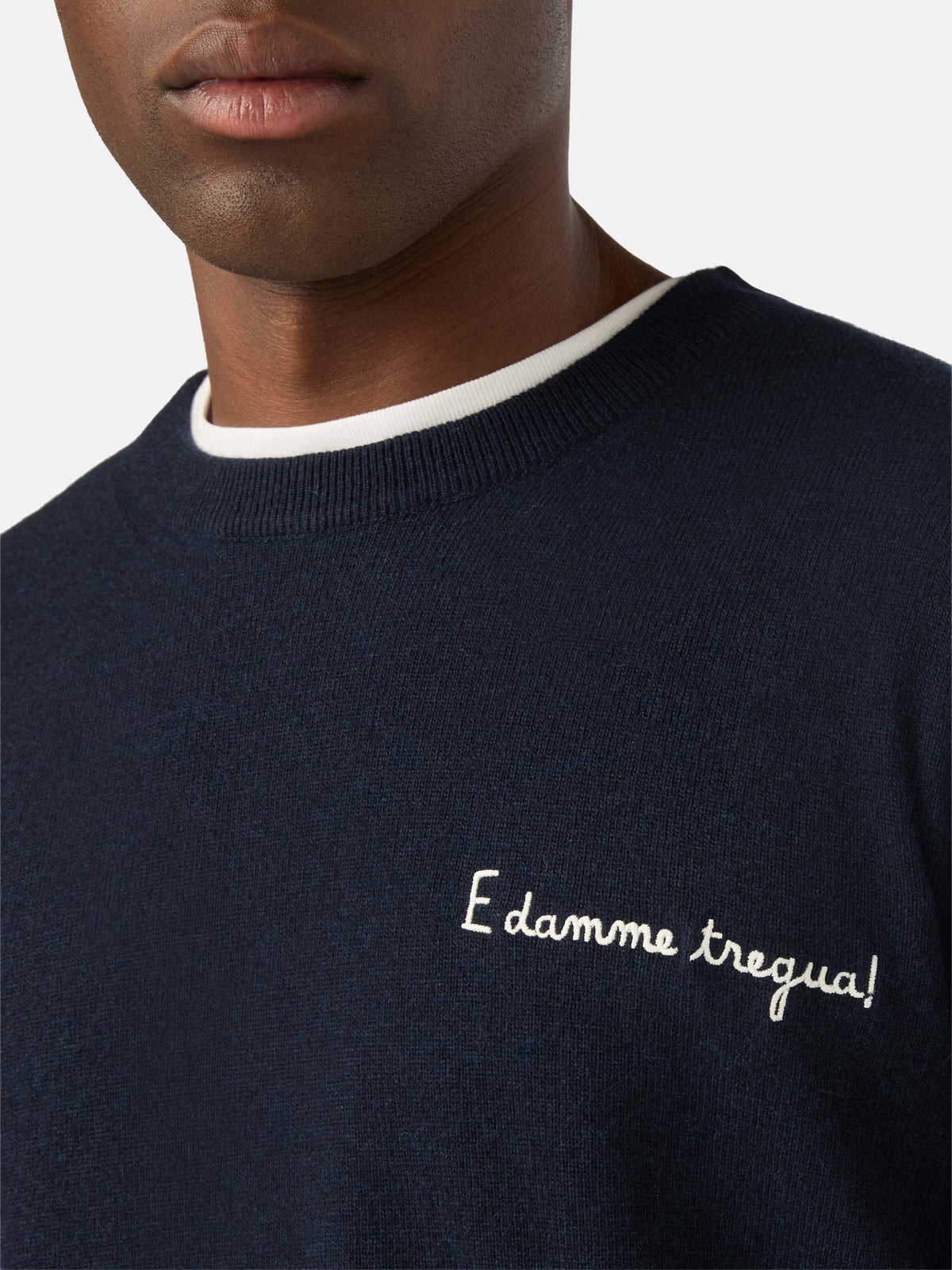 Navy blue Heron Rundhalsausschnitt aus leichtem Wolle-Kaschmir-Mix mit E Damme Tregua-Stickerei | Special edition 