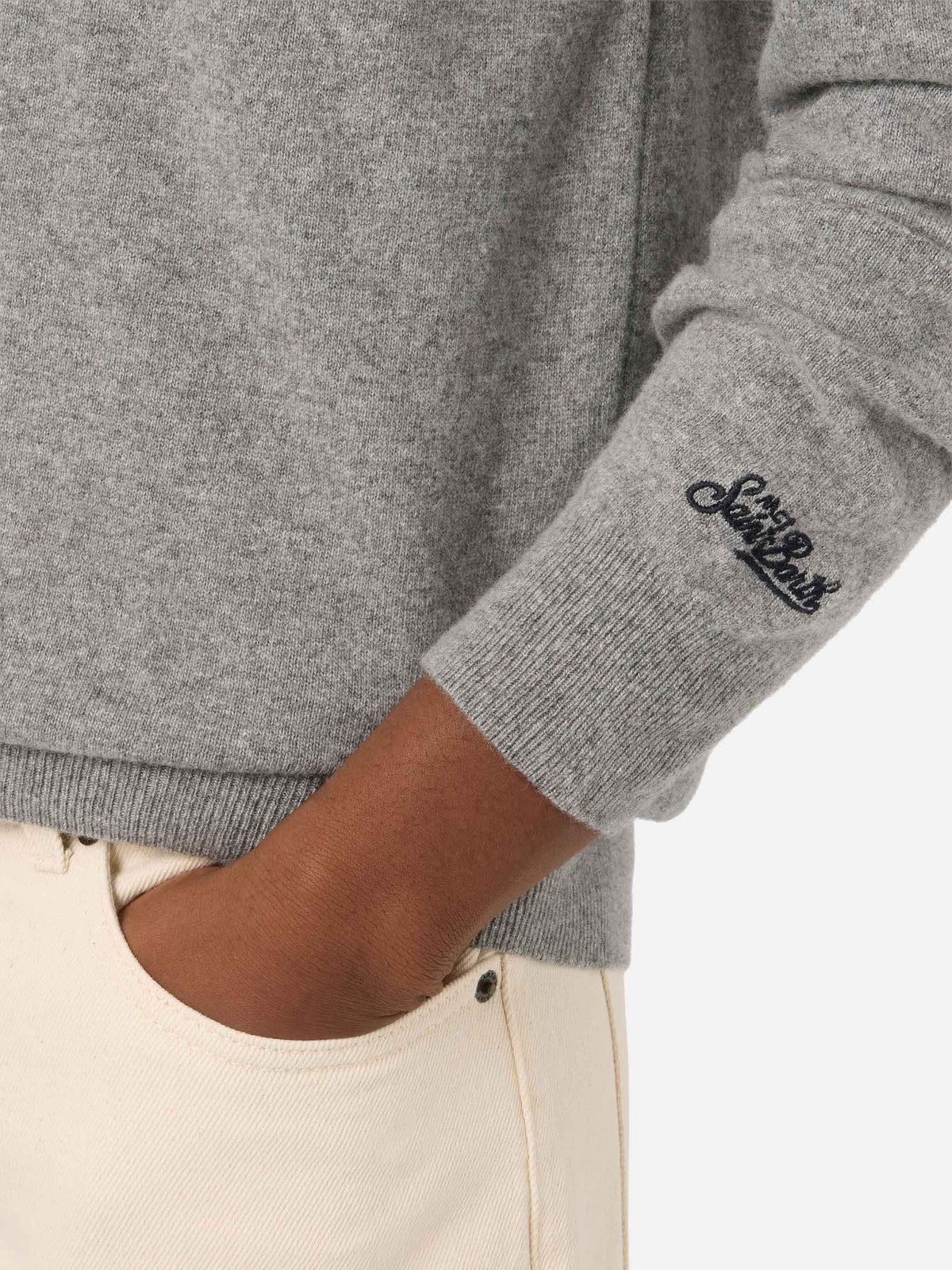 Grey Heron Pull ras-du-cou en mélange de laine légère et cachemire avec broderie Mini | Special edition 