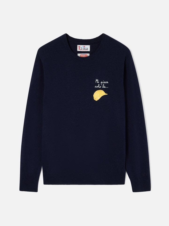 Navy blue Heron Light wool and cashmere blend crewneck with Amica Chips embroidery | Special edition