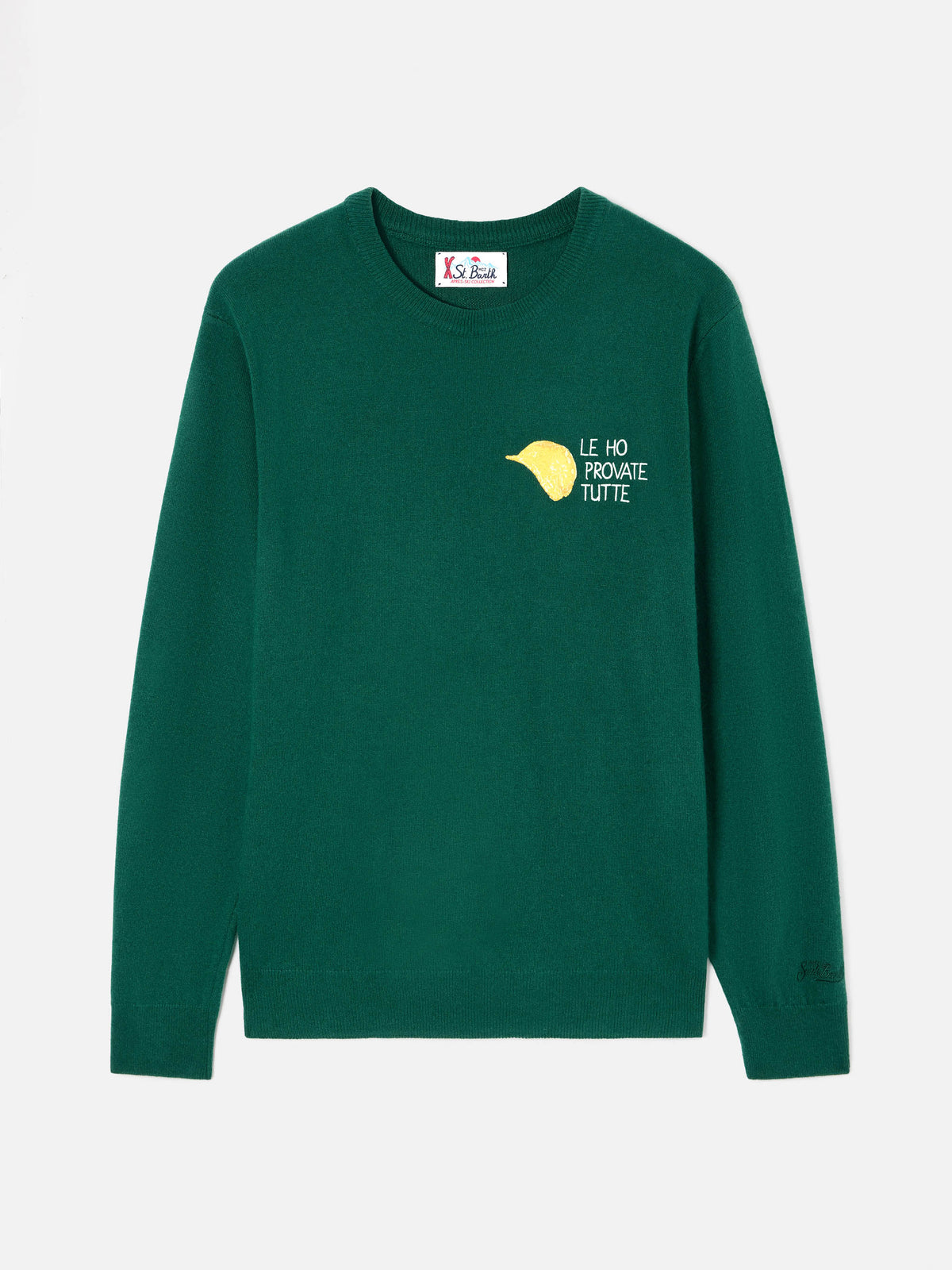 Green Heron Rundhals-Pullover aus leichter Woll- und Kaschmirmischung mit Amica Chips-Stickerei | Special edition 