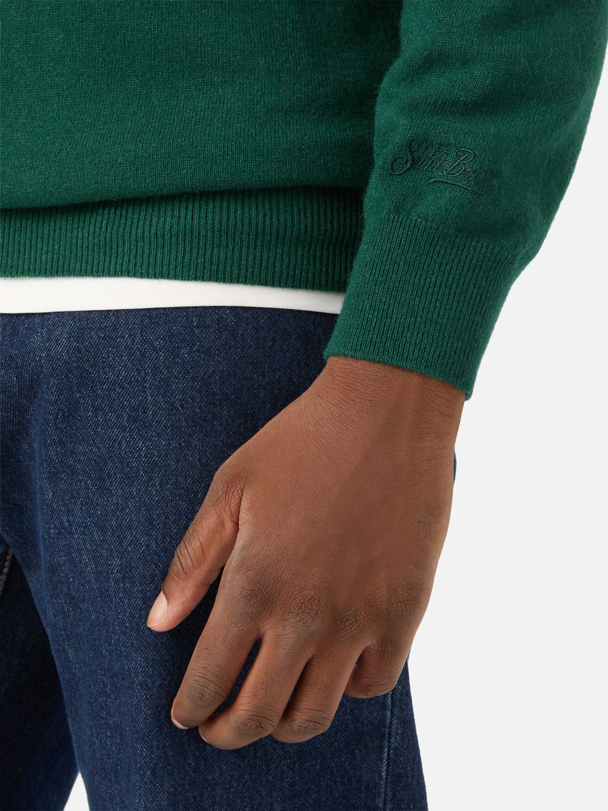 Green Heron Rundhals-Pullover aus leichter Woll- und Kaschmirmischung mit Amica Chips-Stickerei | Special edition 