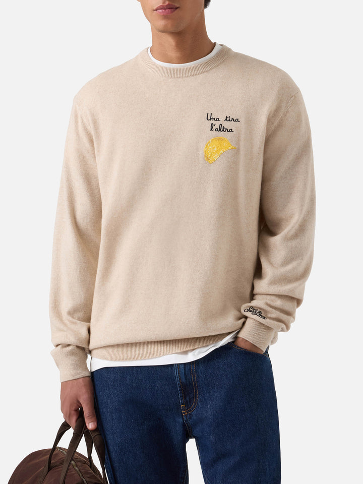 Beige Heron Light wool and cashmere blend crewneck with Amica Chips embroidery | Special edition