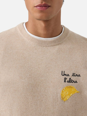 Jersey de cuello redondo Beige Heron en mezcla ligera de lana y cachemira con bordado Amica Chips | Special edition 