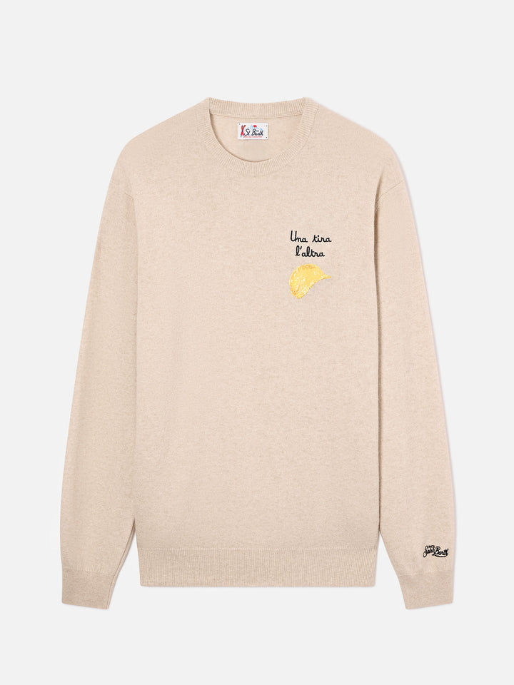 Jersey de cuello redondo Beige Heron en mezcla ligera de lana y cachemira con bordado Amica Chips | Special edition 
