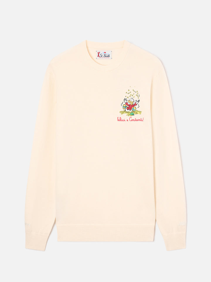 Pull ras du cou Heron Light blanc cassé en mélange de laine et cachemire avec broderie Scrooge McDuck | Special edition 