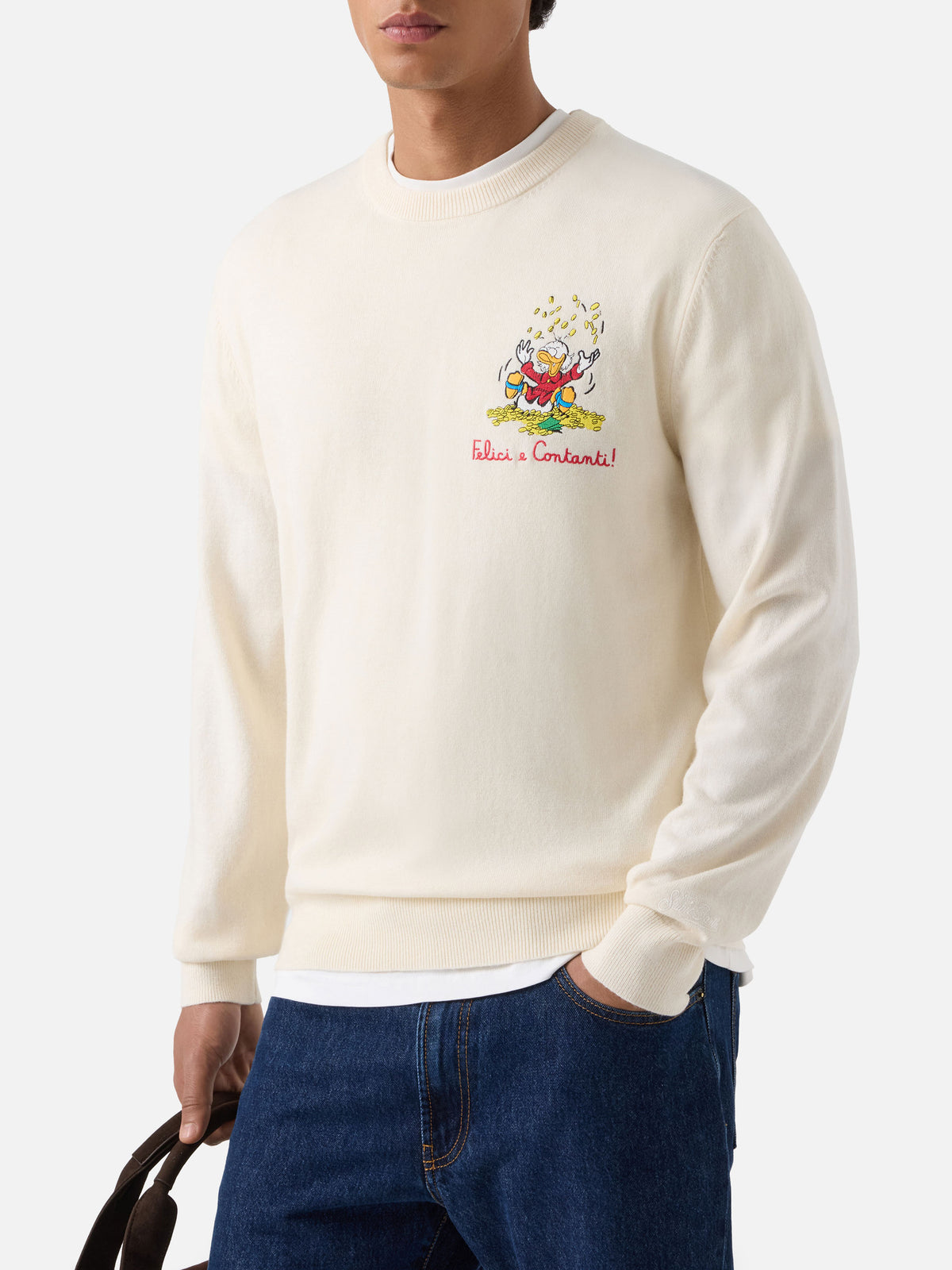 Girocollo in misto lana e cashmere Heron Light bianco panna con ricamo Zio Paperone | Special edition