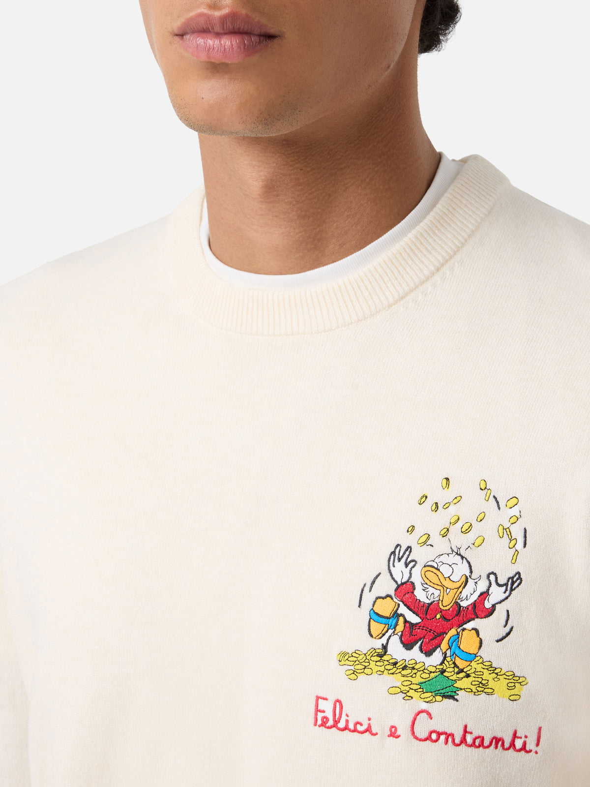 Girocollo in misto lana e cashmere Heron Light bianco panna con ricamo Zio Paperone | Special edition