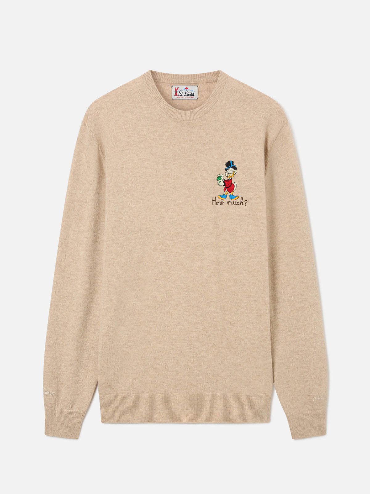 Jersey de cuello redondo Beige Heron en mezcla de lana ligera y cachemira con bordado de Scrooge McDuck | Special edition 