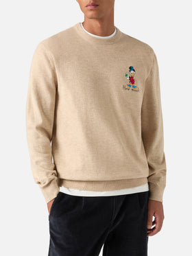 Pull col rond Beige Heron en mélange de laine légère et cachemire avec broderie Scrooge McDuck | Special edition 