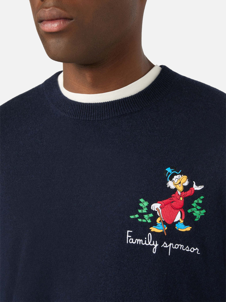 Navy blue Heron Rundhalspullover aus leichter Wolle und Kaschmirmischung mit Scrooge-McDuck-Stickerei | Special edition 