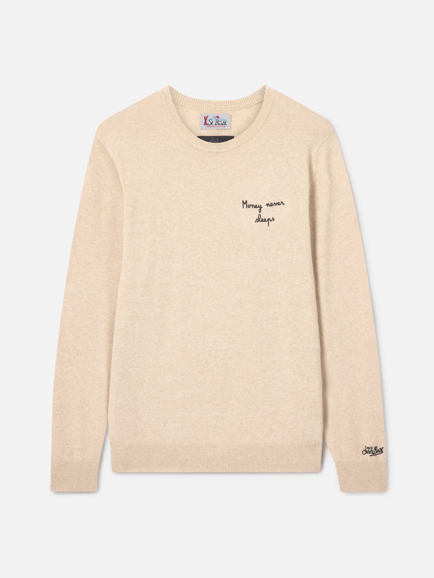 Heron Light crewneck knitwear in beige with Wall Street Money Sleep embroidery