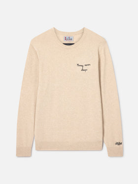 Heron Light crewneck knitwear in beige with Wall Street Money Sleep embroidery