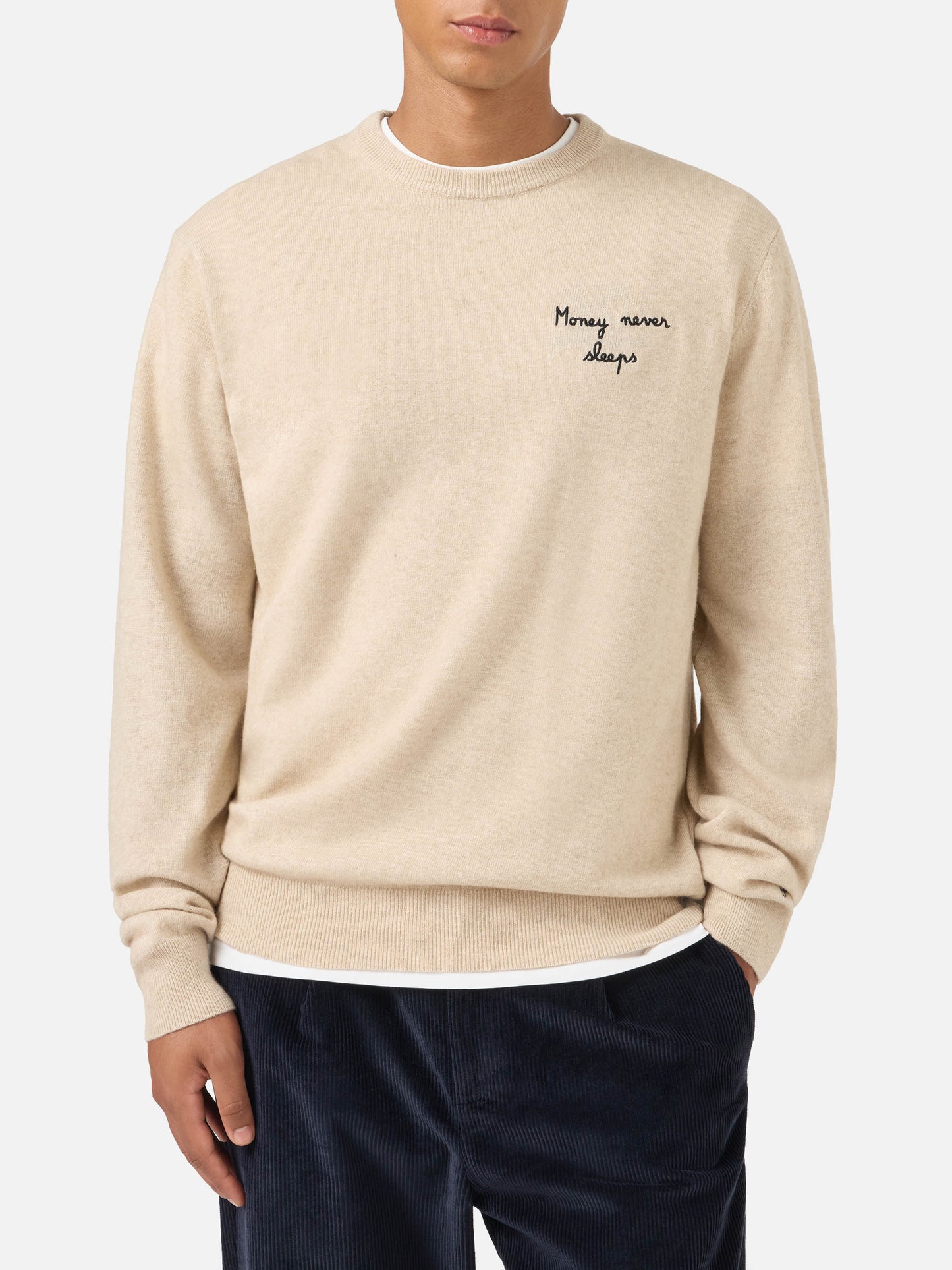 Heron Light Rundhals-Strick in Beige mit Wall Street Money Sleep-Stickerei 
