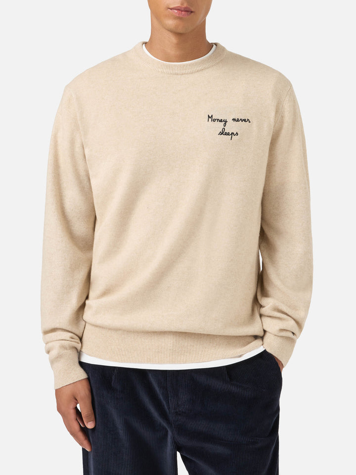 Maglione Heron Light girocollo beige con ricamo Wall Street Money Sleep