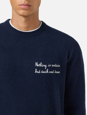 Maglia girocollo Heron Light blu navy in misto lana e cashmere con ricamo Nothing Is Certain | Special edition