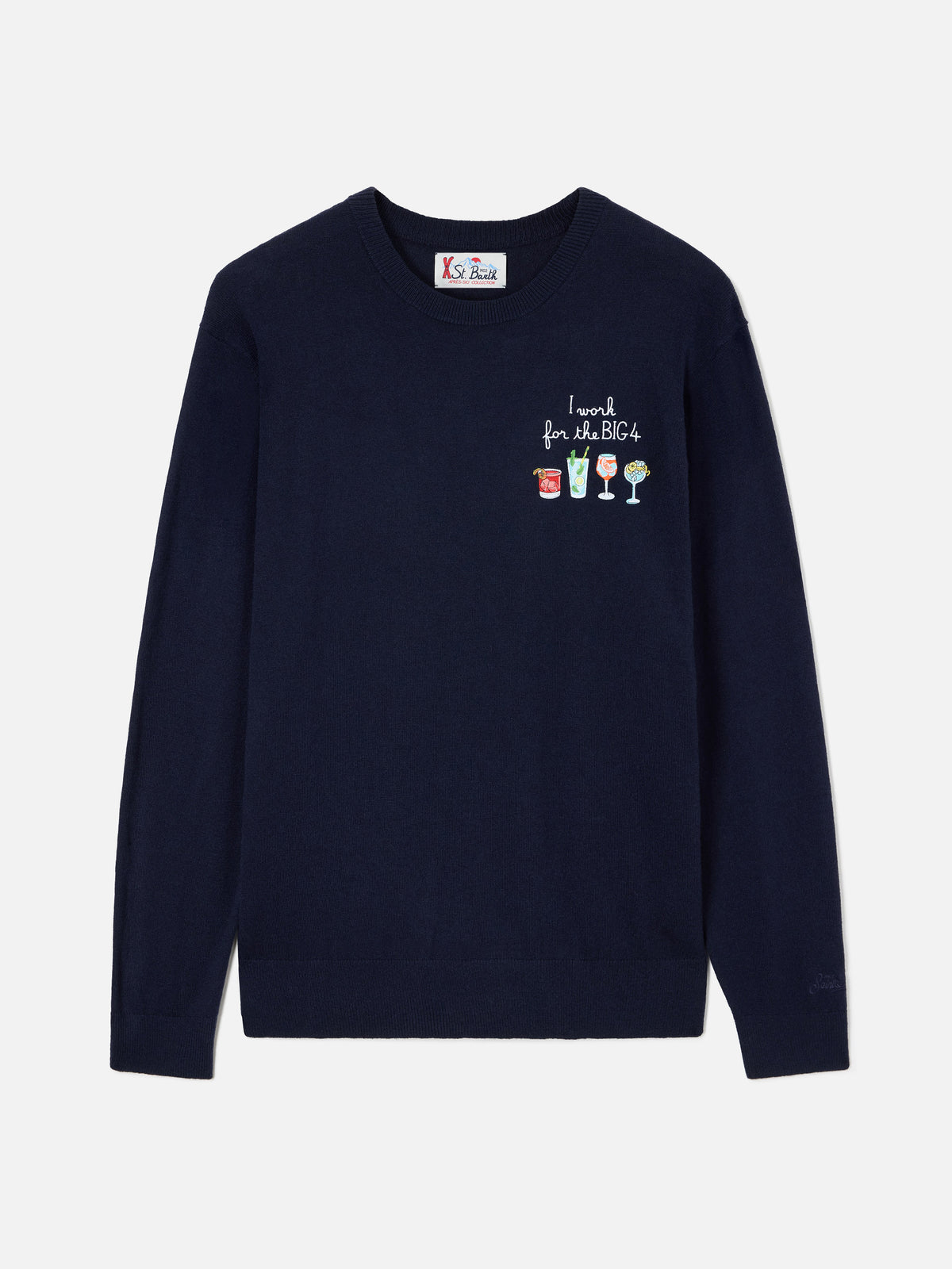 Navy blue Heron jersey de cuello redondo en mezcla de lana ligera y cachemira con bordado Big 4 